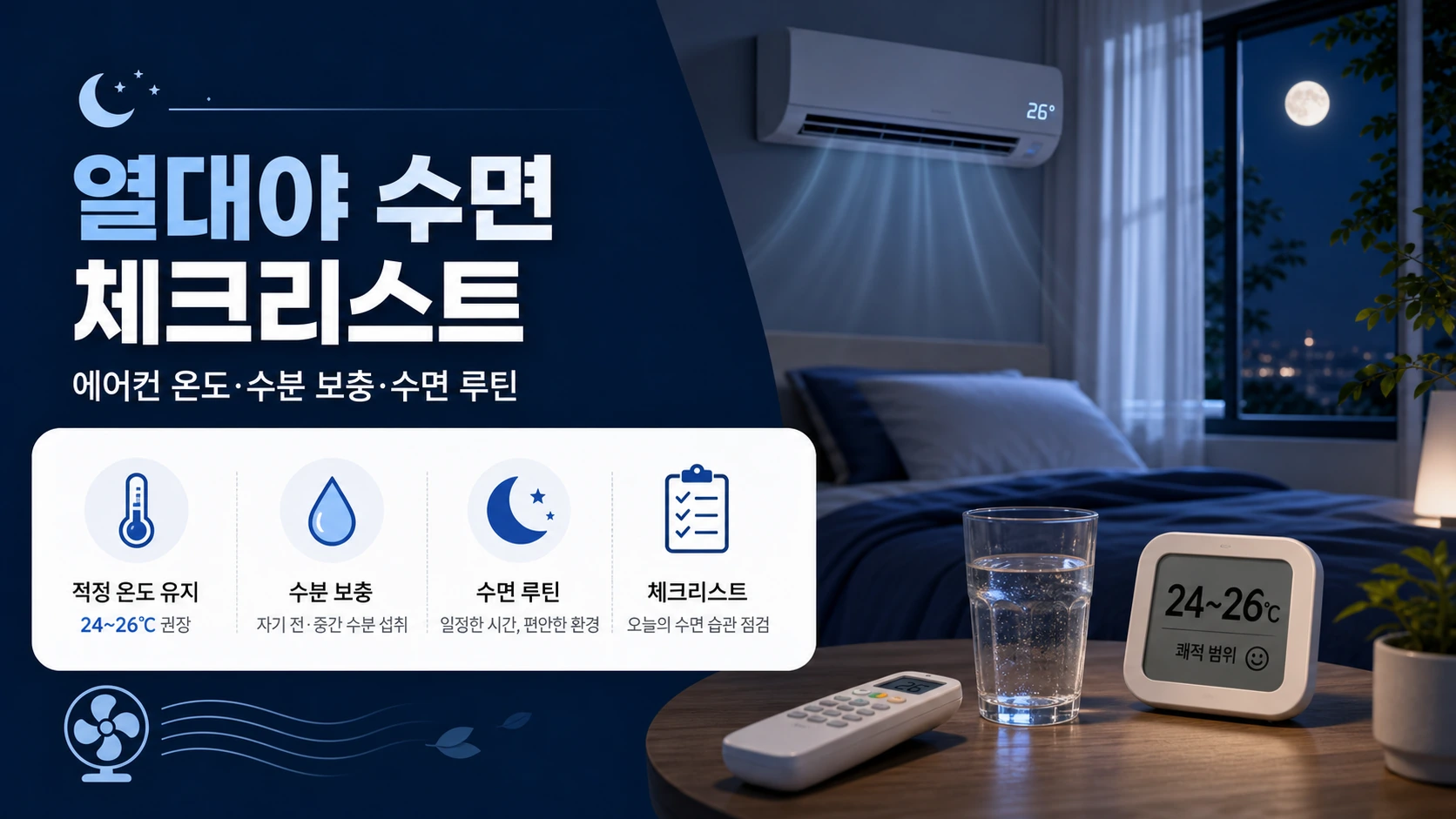 열대야 밤에 에어컨 수분 보충 수면 루틴을 정리한 대표 이미지