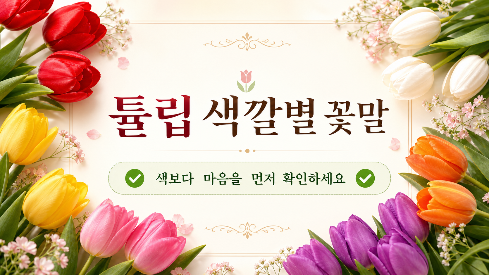 튤립 색깔별 꽃말과 선물 전 확인 문구를 담은 정보카드