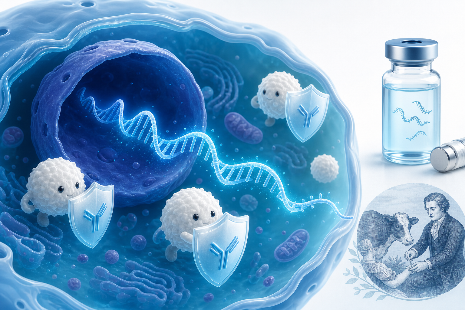 mRNA 설명서와 면역세포가 항체 방패를 만드는 과학 일러스트