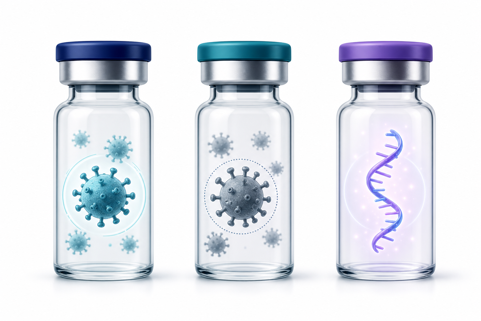 약화 생백신, 불활성화 백신, mRNA 백신의 차이를 보여주는 교육용 인포그래픽 이미지