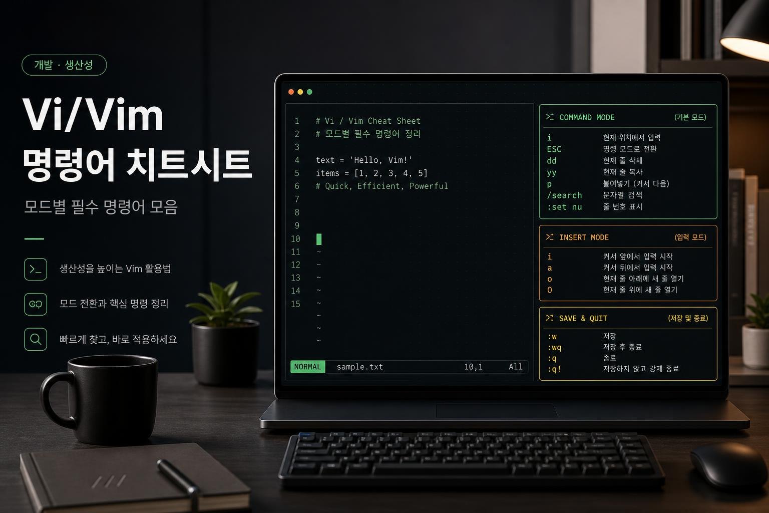 vi/vim 명령어 치트시트: 저장·종료·입력모드·삭제·복사·검색까지 대표 이미지