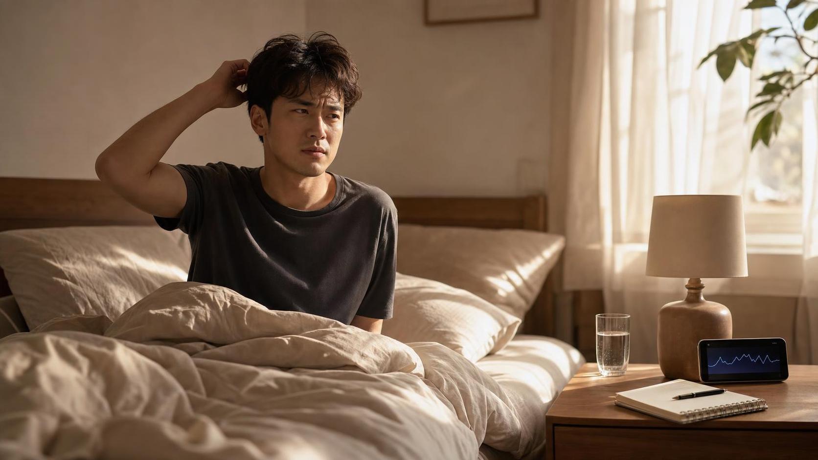 새벽 침실에서 생생한 꿈을 꾼 뒤 잠에서 깬 사람이 침대 옆 수면 그래프를 바라보는 장면