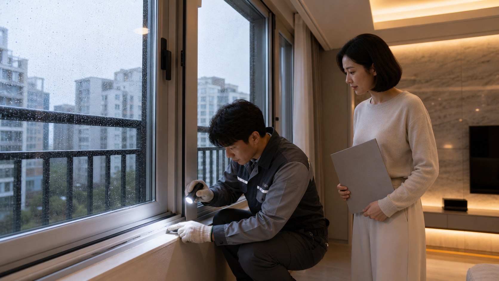 비 온 뒤 발코니 샷시 실리콘과 배수 상태를 점검하는 시공자와 집주인