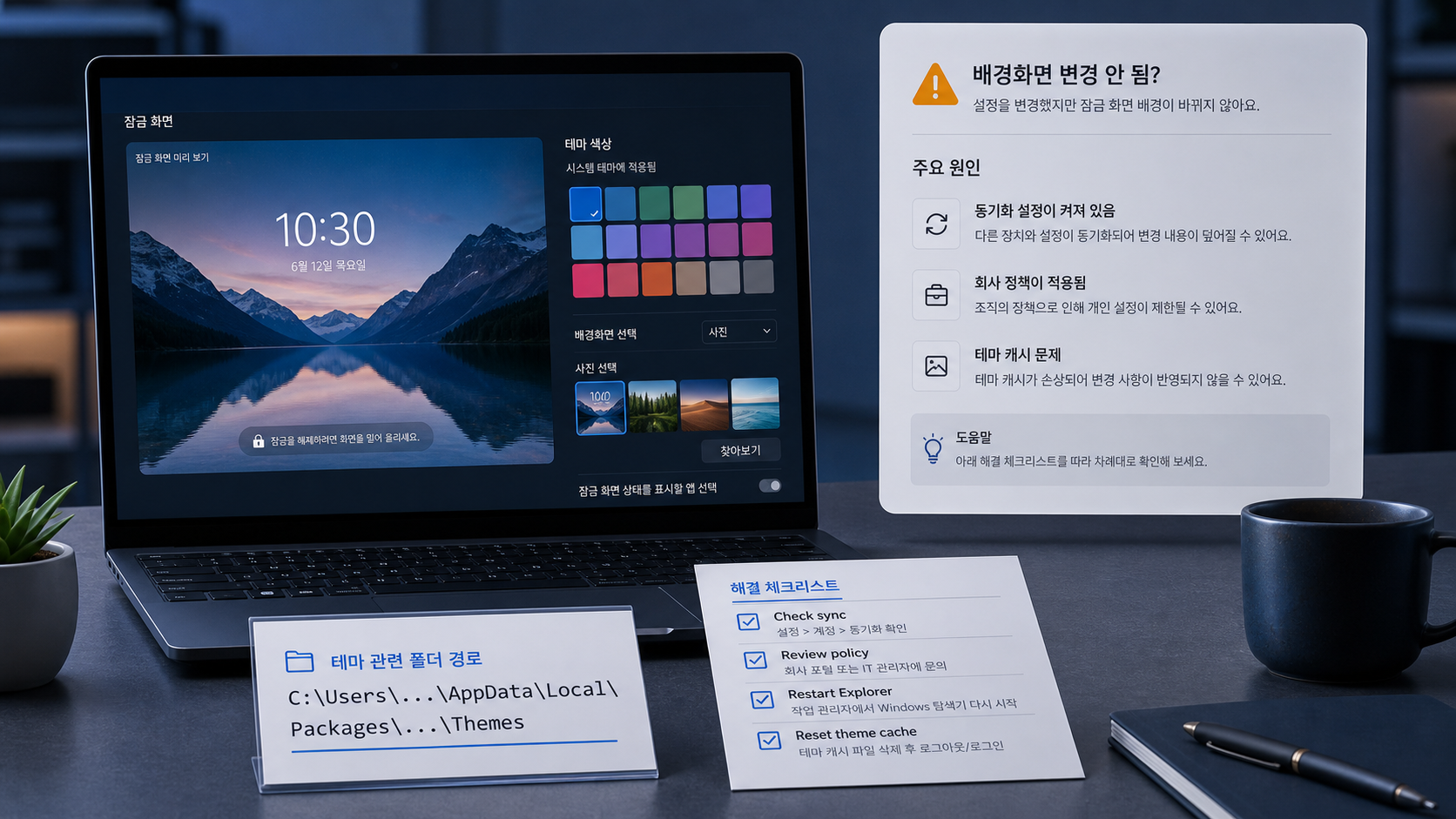 윈도우11 잠금화면 테마 색상과 배경화면 오류 해결 단서를 확인하는 노트북 화면