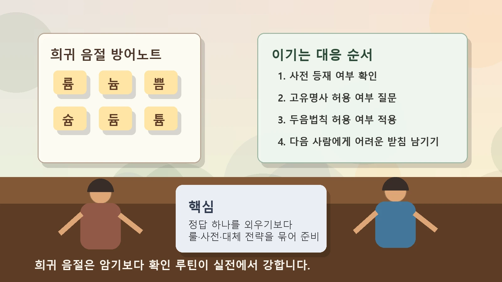 끝말잇기 참가자가 희귀 음절 방어노트에 륨 늄 쁨 슘 같은 난관 음절 대응 순서를 정리하는 장면